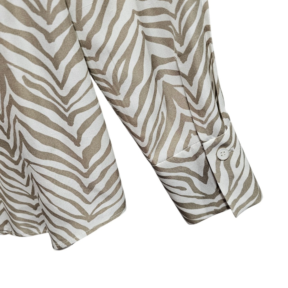 Lafayette 148 - Tan & Cream Zebra Print Button Front Long Sleeves Blouse Size S - Picture 6 of 10